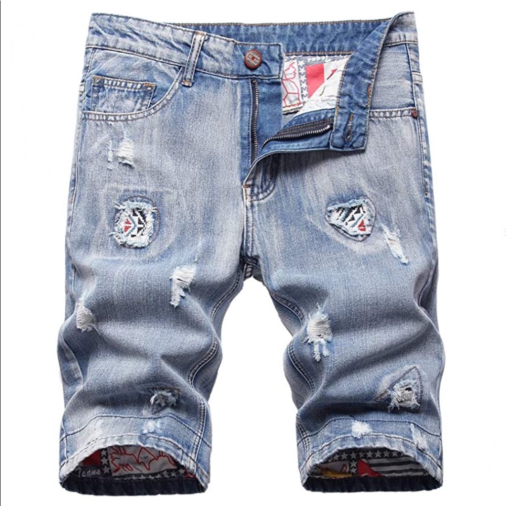 #351 Blue Distressed Patch Jean Shorts